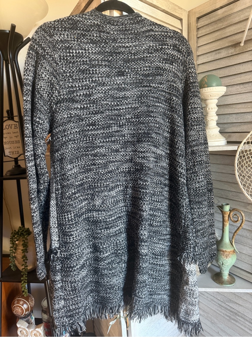 Open-Front Fringe Cardigan Sweater - Black & White - Picture 2 of 3